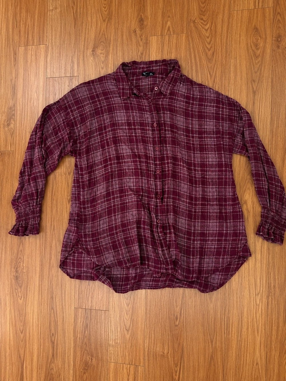 Perch Women's 2XL Burgundy Plaid Peasant Blouse Long Sleeve Boho Top